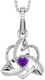 Diamond Amethyst Silver Celtic Trinity Heart Knot Necklace