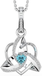 Diamond Aquamarine Silver Celtic Trinity Heart Knot Necklace