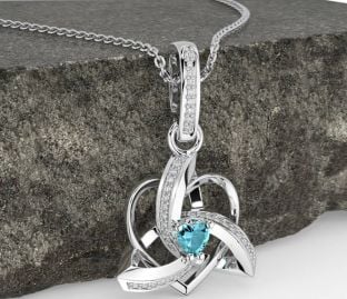 Diamond Aquamarine Silver Celtic Trinity Heart Knot Necklace