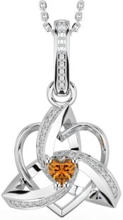 Diamond Citrine Silver Celtic Trinity Heart Knot Necklace