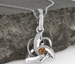 Diamond Citrine Silver Celtic Trinity Heart Knot Necklace