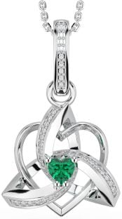 Diamond Emerald Silver Celtic Trinity Heart Knot Necklace