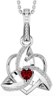 Diamond Garnet Silver Celtic Trinity Heart Knot Necklace