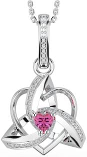 Diamond Pink Tourmaline Silver Celtic Trinity Heart Knot Necklace