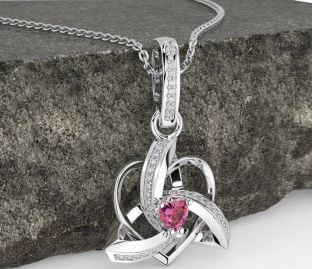 Diamond Pink Tourmaline Silver Celtic Trinity Heart Knot Necklace