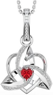 Diamond Ruby Silver Celtic Trinity Heart Knot Necklace