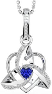 Diamond Sapphire Silver Celtic Trinity Heart Knot Necklace