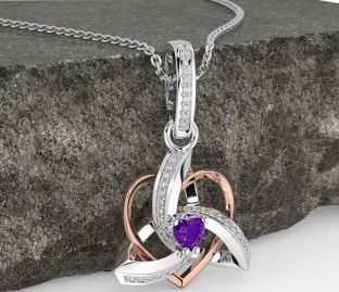 Diamant Améthyste Rose Or Argent celtique Trinité Cœur Noeud Collier