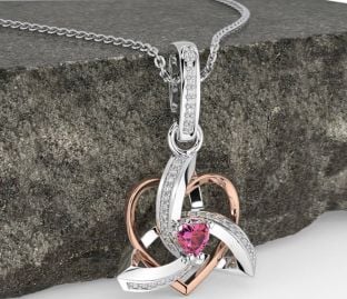 Diamond Pink Tourmaline Rose Gold Silver Celtic Trinity Heart Knot Necklace