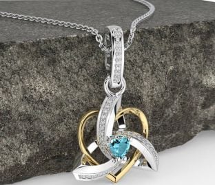 Diamond Aquamarine Gold Silver Celtic Trinity Heart Knot Necklace