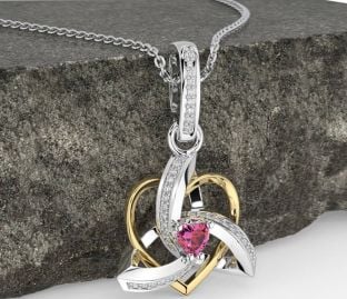 Diamond Pink Tourmaline Gold Silver Celtic Trinity Heart Knot Necklace