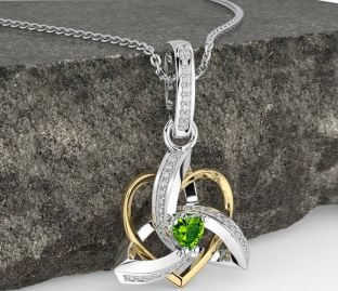 Diamant Peridot Zlato stříbrný keltský Trojice Srdce Uzel Náhrdelník