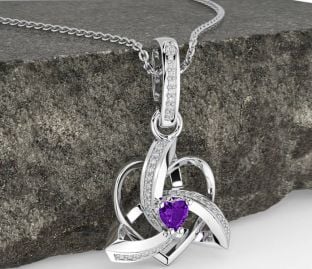 Diamond Amethyst White Gold Celtic Trinity Heart Knot Necklace