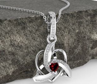 Diamond Garnet White Gold Celtic Trinity Heart Knot Necklace