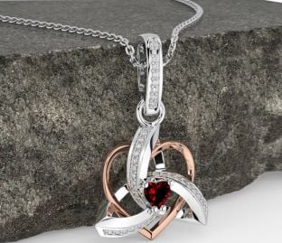 Diamond Garnet White Rose Gold Celtic Trinity Heart Knot Necklace