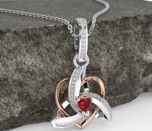 Diamond Ruby White Rose Gold Celtic Trinity Heart Knot Necklace