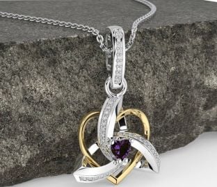 Diamond Alexandrite White Yellow Gold Celtic Trinity Heart Knot Necklace
