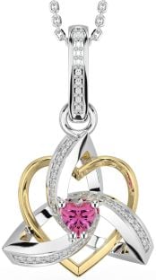 Diamond Pink Tourmaline White Yellow Gold Celtic Trinity Heart Knot Necklace