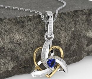 Diamond Sapphire White Yellow Gold Celtic Trinity Heart Knot Necklace