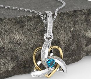 Diamond Topaz White Yellow Gold Celtic Trinity Heart Knot Necklace