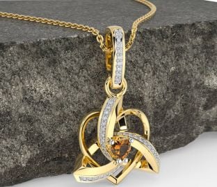 Diamond Citrine Gold Celtic Trinity Heart Knot Necklace