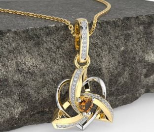 Diamond Citrine White Yellow Gold Celtic Trinity Heart Knot Necklace