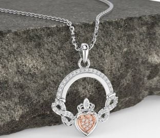 Diamond Rose Gold Silver Claddagh Infinity Necklace