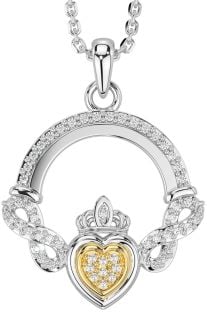 Diamond White Yellow Gold Claddagh Infinity Necklace