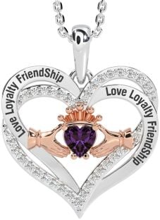 Diamond Alexandrite Rose Gold Silver Irish "Love, Loyalty, & Friendship" Claddagh Heart Necklace