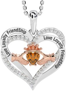 Diamond Citrine Rose Gold Silver Irish "Love, Loyalty, & Friendship" Claddagh Heart Necklace