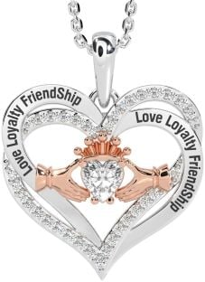 Diamond Rose Gold Silver Irish "Love, Loyalty, & Friendship" Claddagh Heart Necklace