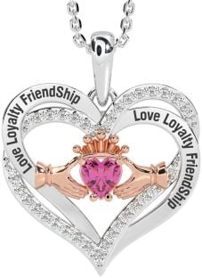 Diamond Pink Tourmaline Rose Gold Silver Irish "Love, Loyalty, & Friendship" Claddagh Heart Necklace