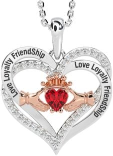 Diamond Ruby Rose Gold Silver Irish "Love, Loyalty, & Friendship" Claddagh Heart Necklace