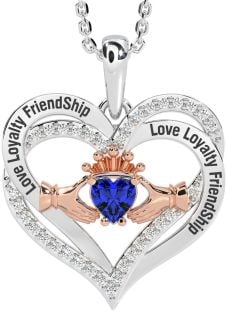 Diamond Sapphire Rose Gold Silver Irish "Love, Loyalty, & Friendship" Claddagh Heart Necklace