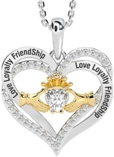 Diamond Gold Silver Irish "Love, Loyalty, & Friendship" Claddagh Heart Necklace