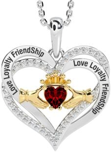 Diamond Garnet Gold Silver Irish "Love, Loyalty, & Friendship" Claddagh Heart Necklace