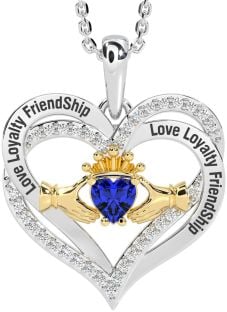 Diamond Sapphire Gold Silver Irish "Love, Loyalty, & Friendship" Claddagh Heart Necklace