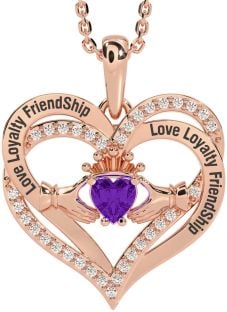 Diamond Amethyst Rose Gold Silver Irish "Love, Loyalty, & Friendship" Claddagh Heart Necklace