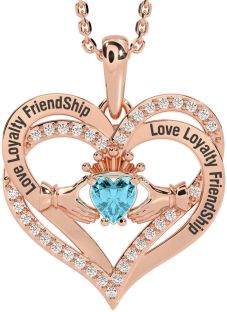 Diamond Aquamarine Rose Gold Silver Irish "Love, Loyalty, & Friendship" Claddagh Heart Necklace