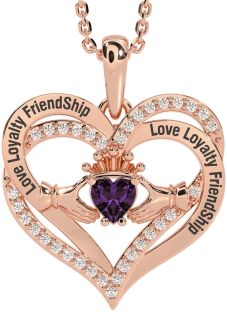 Diamond Alexandrite Rose Gold Silver Irish "Love, Loyalty, & Friendship" Claddagh Heart Necklace