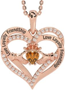 Diamond Citrine Rose Gold Silver Irish "Love, Loyalty, & Friendship" Claddagh Heart Necklace