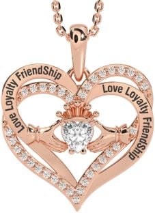 Diamond Rose Gold Silver Irish "Love, Loyalty, & Friendship" Claddagh Heart Necklace