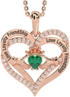 Diamond Emerald Rose Gold Silver Irish "Love, Loyalty, & Friendship" Claddagh Heart Necklace