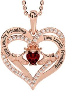 Diamond Garnet Rose Gold Silver Irish "Love, Loyalty, & Friendship" Claddagh Heart Necklace