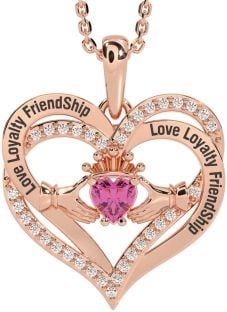 Diamond Pink Tourmaline Rose Gold Silver Irish "Love, Loyalty, & Friendship" Claddagh Heart Necklace