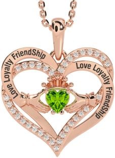 Diamond Peridot Rose Gold Silver Irish "Love, Loyalty, & Friendship" Claddagh Heart Necklace