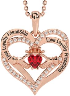 Diamond Ruby Rose Gold Silver Irish "Love, Loyalty, & Friendship" Claddagh Heart Necklace