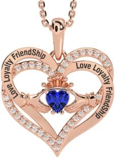 Diamond Sapphire Rose Gold Silver Irish "Love, Loyalty, & Friendship" Claddagh Heart Necklace