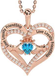 Diamond Topaz Rose Gold Silver Irish "Love, Loyalty, & Friendship" Claddagh Heart Necklace