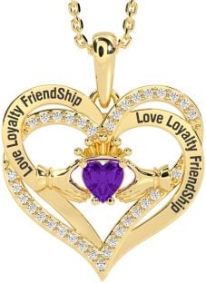 Diamond Amethyst Gold Silver Irish "Love, Loyalty, & Friendship" Claddagh Heart Necklace